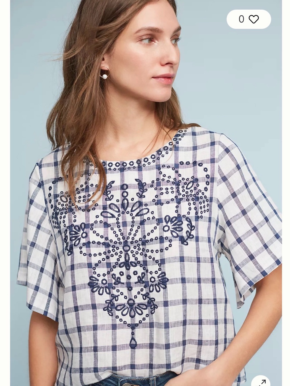 🤎 Anthropologie 🤎 Navy and White, Moon River Embroidered Gingham Top (S)